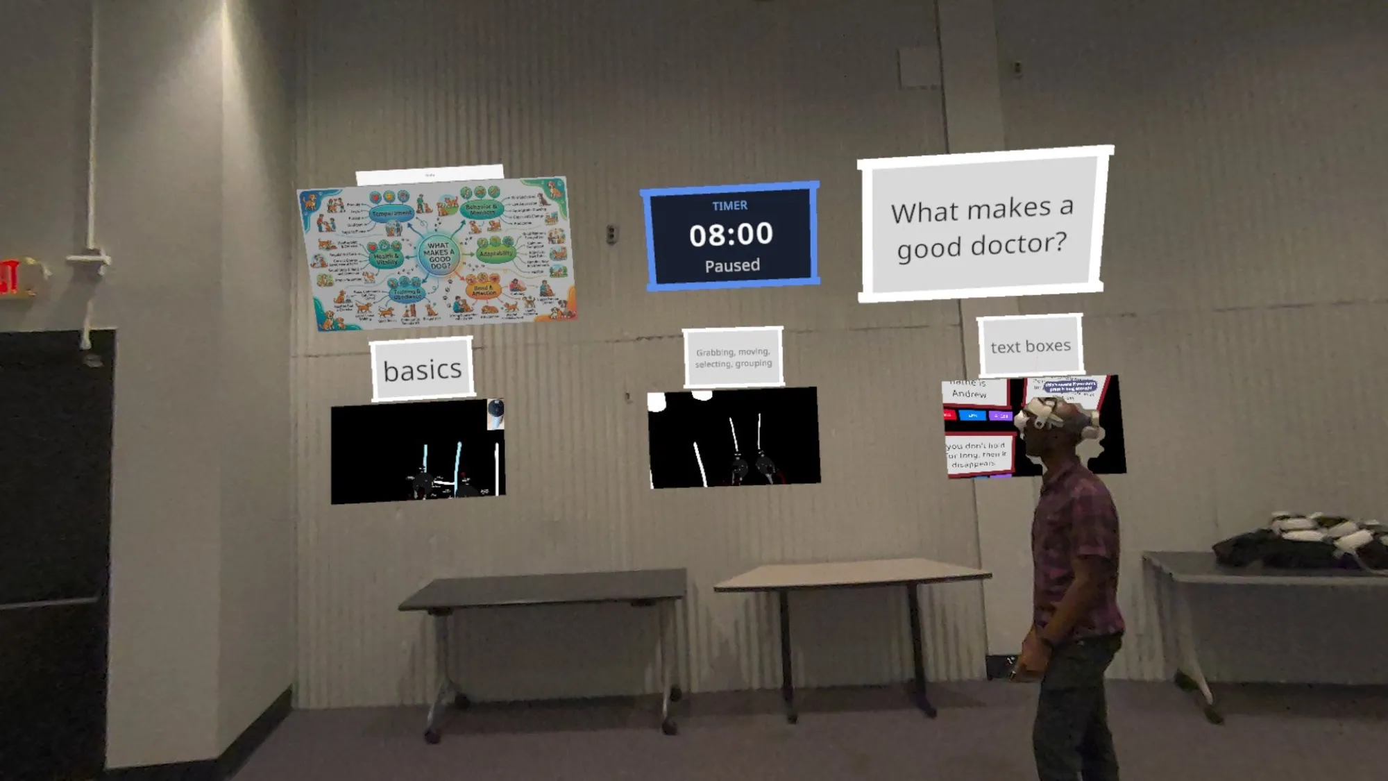 A facilitator's board floating on the wall with a discussion prompt, a countdown timer and a concept map.