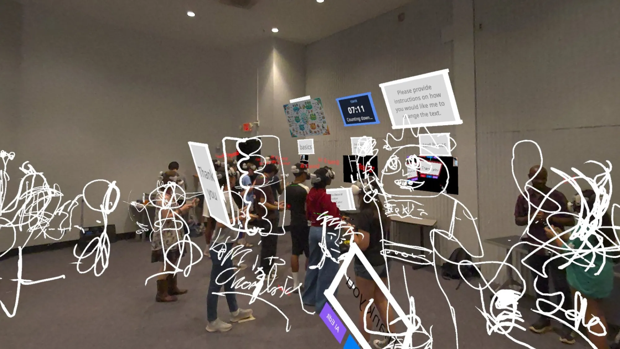 A group wearing headsets works in one room surrounded by shared mid-air sketches, idea cards, a timer and a concept-map board.
