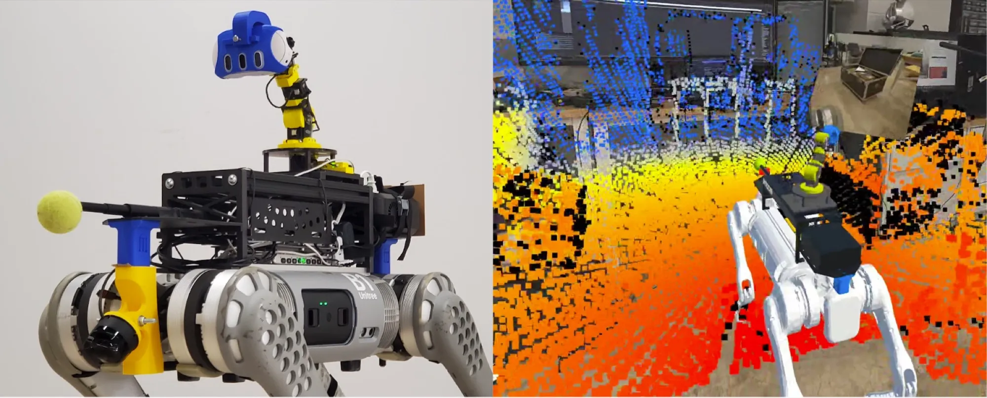 A Unitree B1 quadruped with mounted sensors next to the colored point cloud it produces.