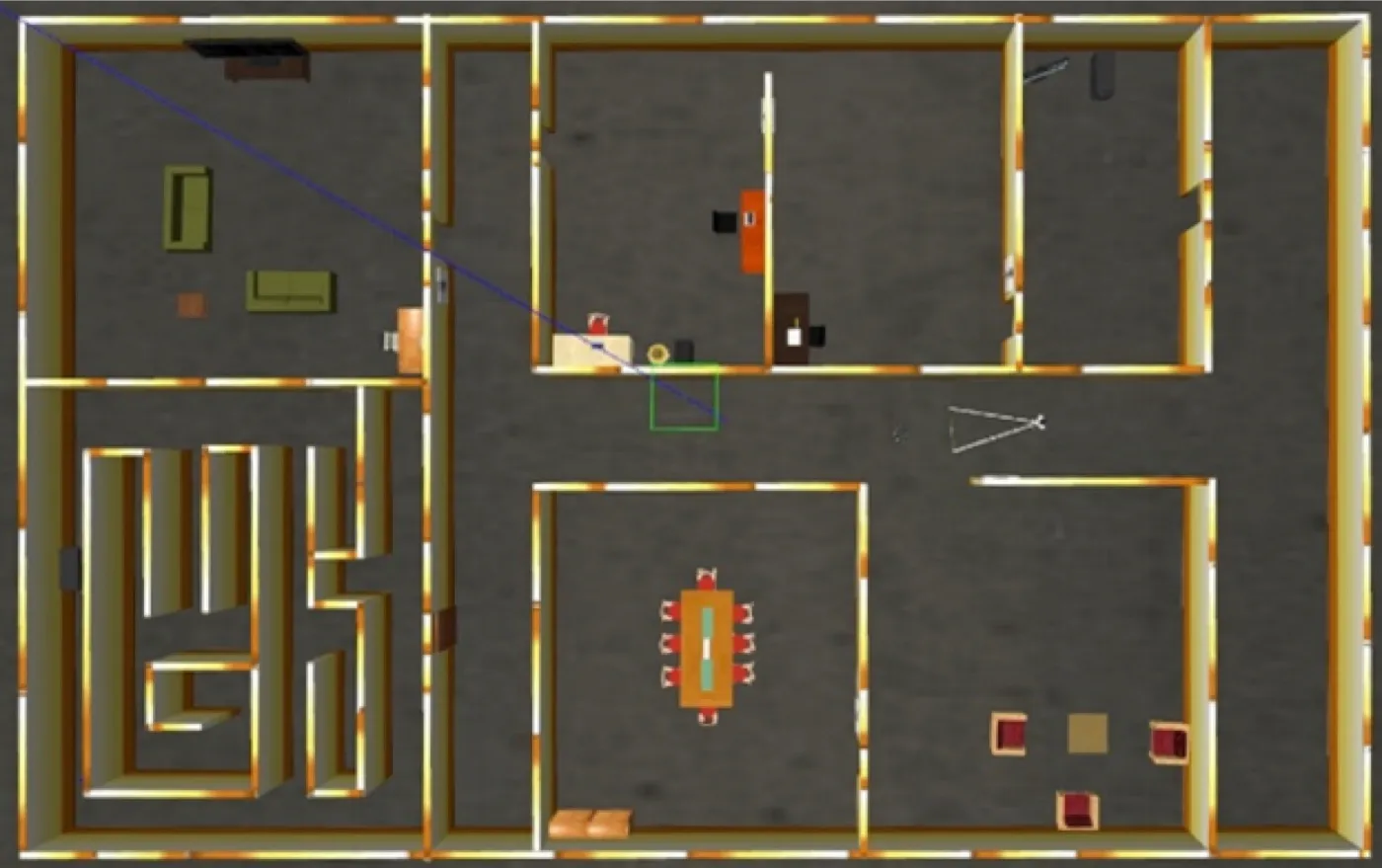 Top-down view of the virtual building that a person and a robot search together in the trust testbed.