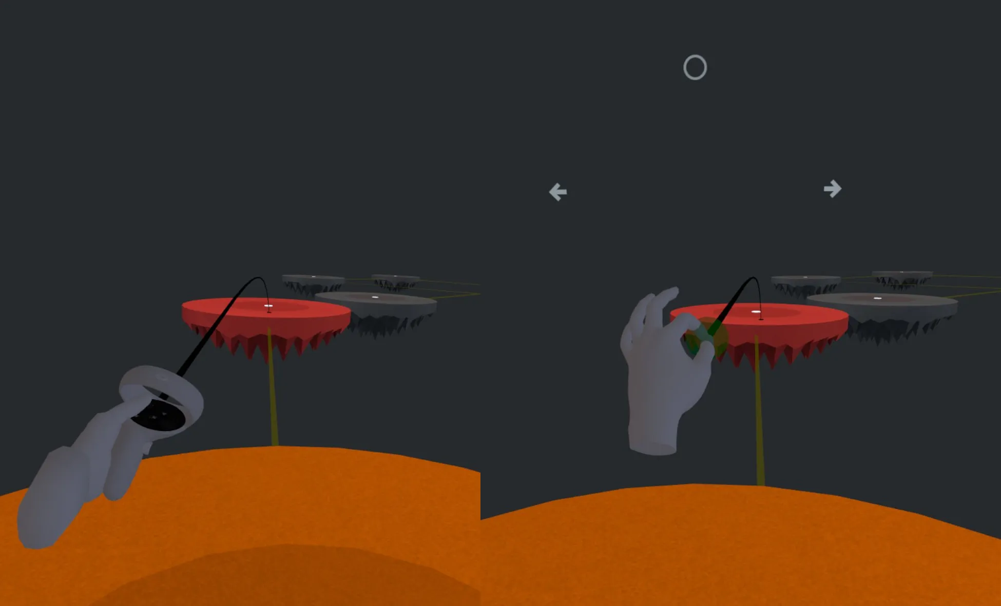 Hand-tracking and controller versions of the locomotion interface, side by side.